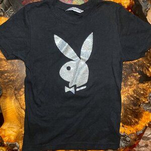 Vtg 90s Y2K Playboy Bunny Silver Glitter Black Baby Doll Tee Shirt Top S M